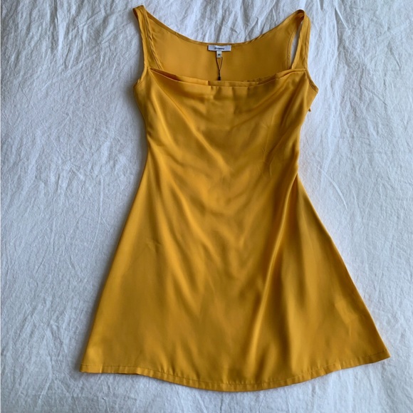 NWT Miaou Ginger Silky Draped Ruched Cowl Sleeveless Mini Dress Mustard Yellow - Picture 5 of 12